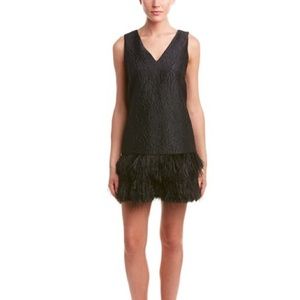 Jamysen Feather Trim Pucker Floral Jacquard Dress